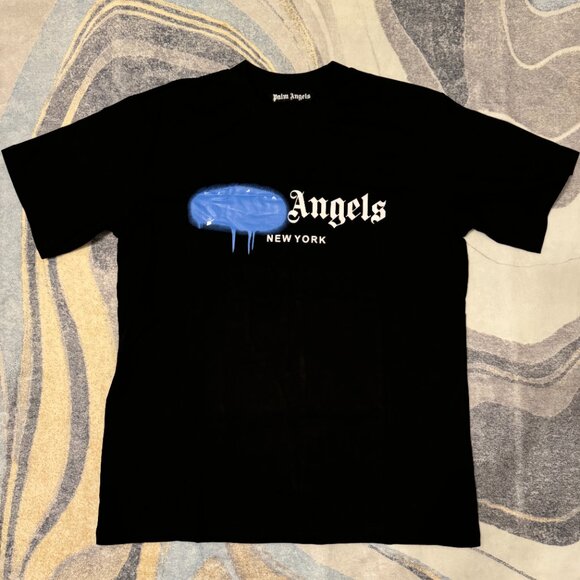 Palm Angels Blue Grafitti Drip New York Logo Black T-Shirt...